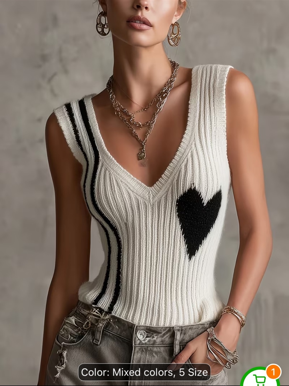 Women's White Ribbed V-Neck Tank with Black Heart Detail